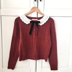 러블리 레이스카라 리본 탈부착 꽈배기 니트 가디건