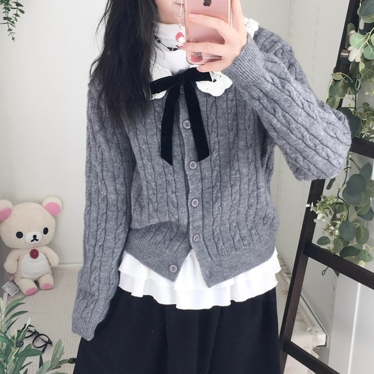 러블리 레이스카라 리본 탈부착 꽈배기 니트 가디건 그레이