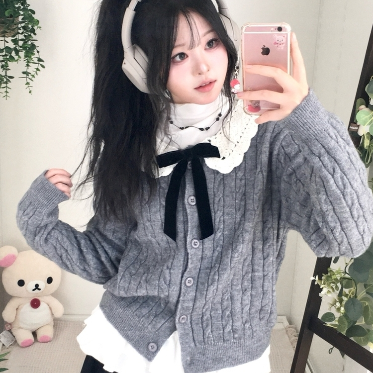 러블리 레이스카라 리본 탈부착 꽈배기 니트 가디건 그레이