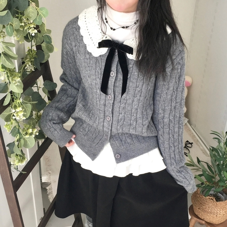 러블리 레이스카라 리본 탈부착 꽈배기 니트 가디건 그레이