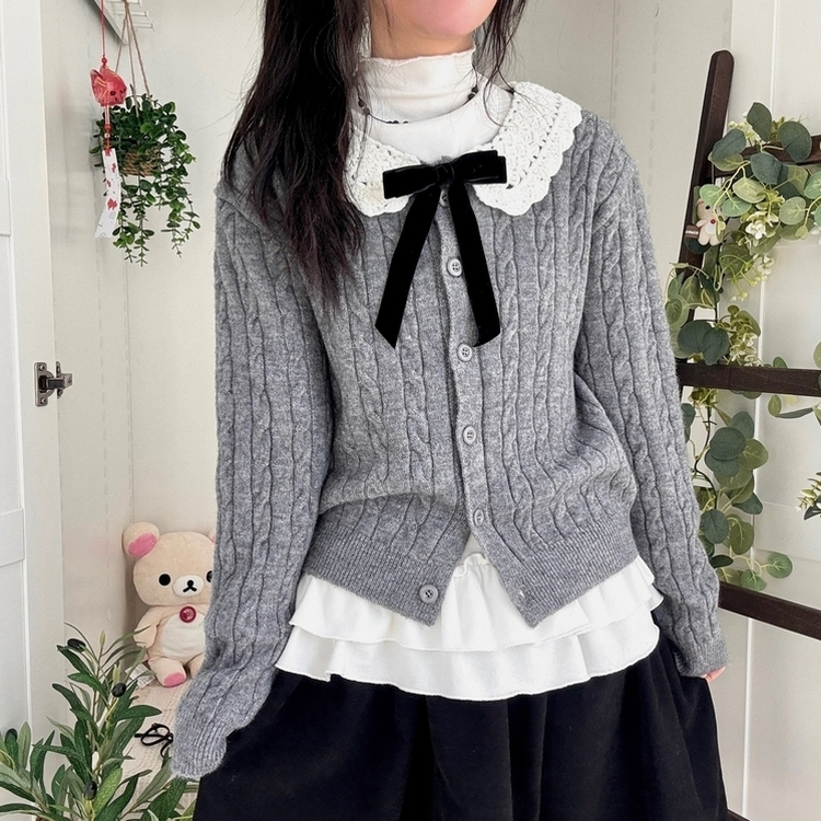 러블리 레이스카라 리본 탈부착 꽈배기 니트 가디건 그레이
