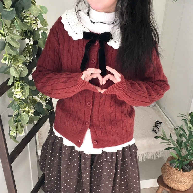 러블리 레이스카라 리본 탈부착 꽈배기 니트 가디건 레드