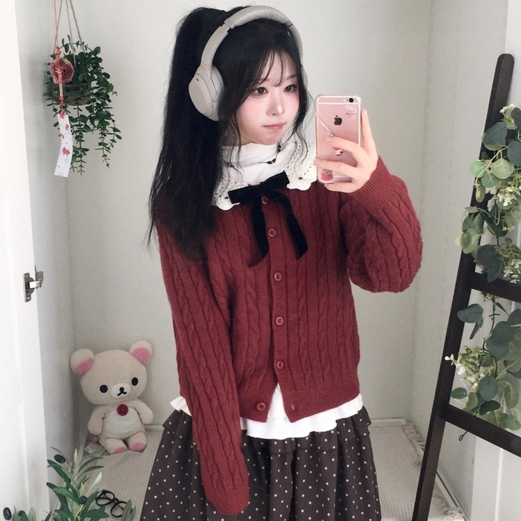 러블리 레이스카라 리본 탈부착 꽈배기 니트 가디건 레드