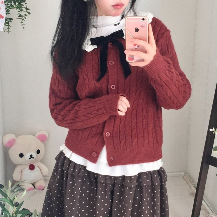 러블리 레이스카라 리본 탈부착 꽈배기 니트 가디건 레드