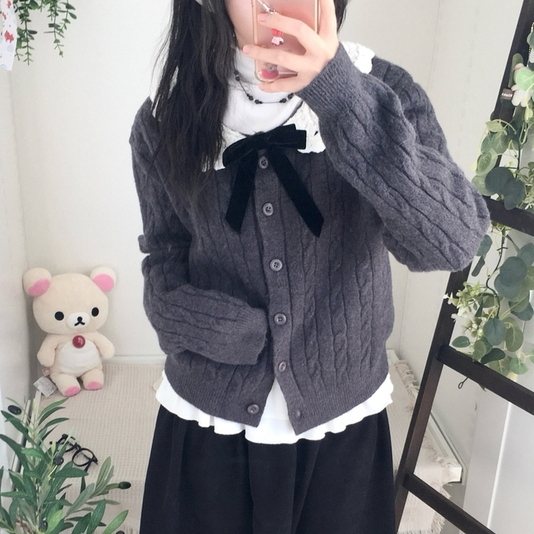 러블리 레이스카라 리본 탈부착 꽈배기 니트 가디건 먹색