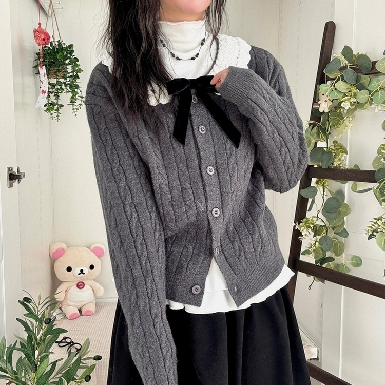 러블리 레이스카라 리본 탈부착 꽈배기 니트 가디건 먹색