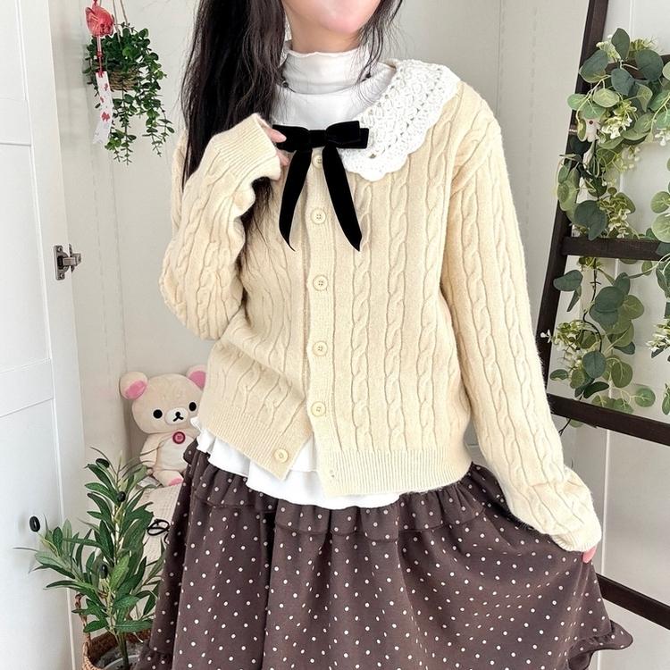 러블리 레이스카라 리본 탈부착 꽈배기 니트 가디건 베이지