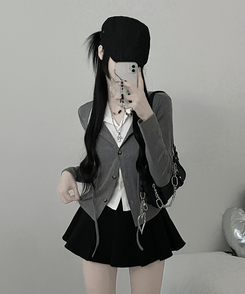 퍼빗카라셔츠레이어드배색리본가디건세트 그레이