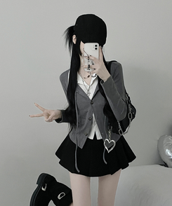 퍼빗카라셔츠레이어드배색리본가디건세트 그레이