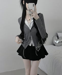 퍼빗카라셔츠레이어드배색리본가디건세트 그레이