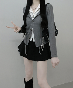 퍼빗카라셔츠레이어드배색리본가디건세트 그레이