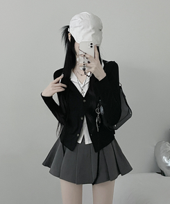 퍼빗카라셔츠레이어드배색리본가디건세트 블랙