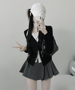 퍼빗카라셔츠레이어드배색리본가디건세트 블랙