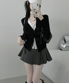 퍼빗카라셔츠레이어드배색리본가디건세트 블랙