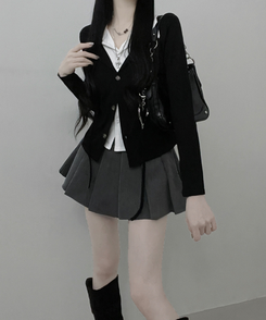 퍼빗카라셔츠레이어드배색리본가디건세트 블랙