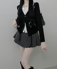 퍼빗카라셔츠레이어드배색리본가디건세트 블랙