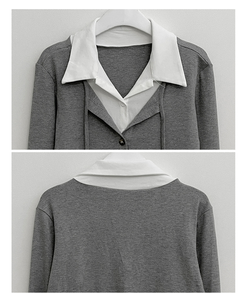 퍼빗카라셔츠레이어드배색리본가디건세트