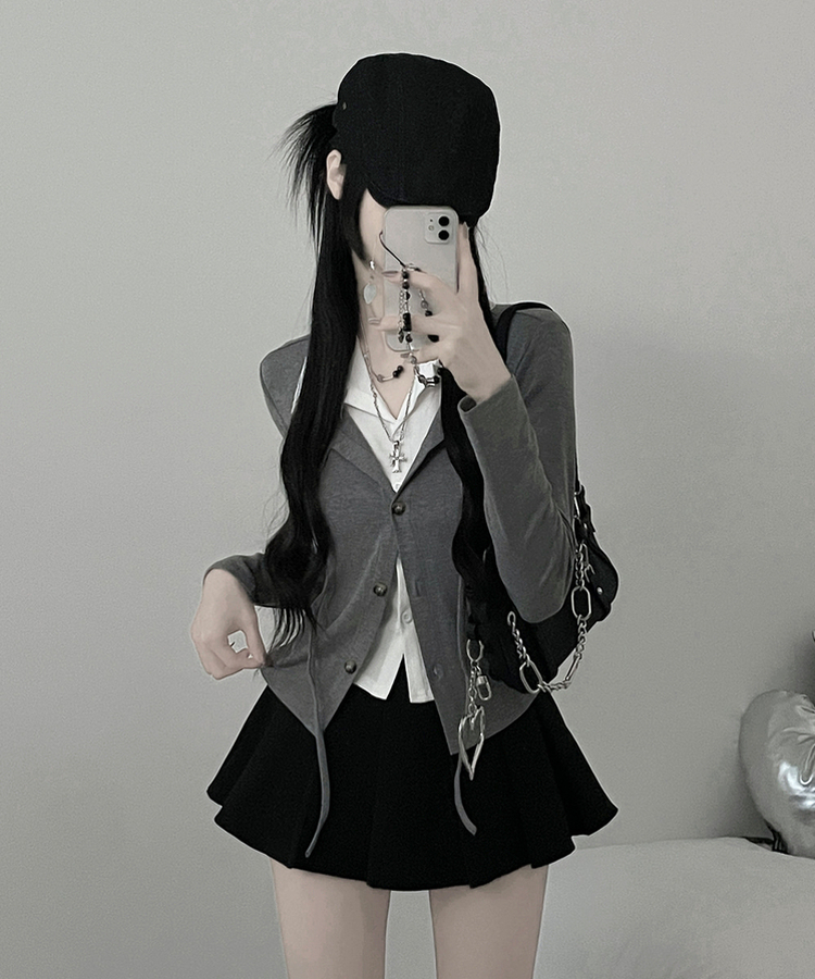 퍼빗카라셔츠레이어드배색리본가디건세트 그레이