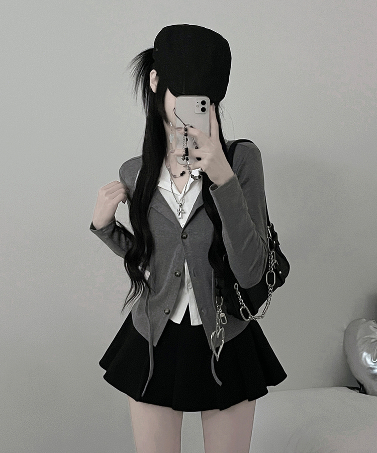 퍼빗카라셔츠레이어드배색리본가디건세트 그레이