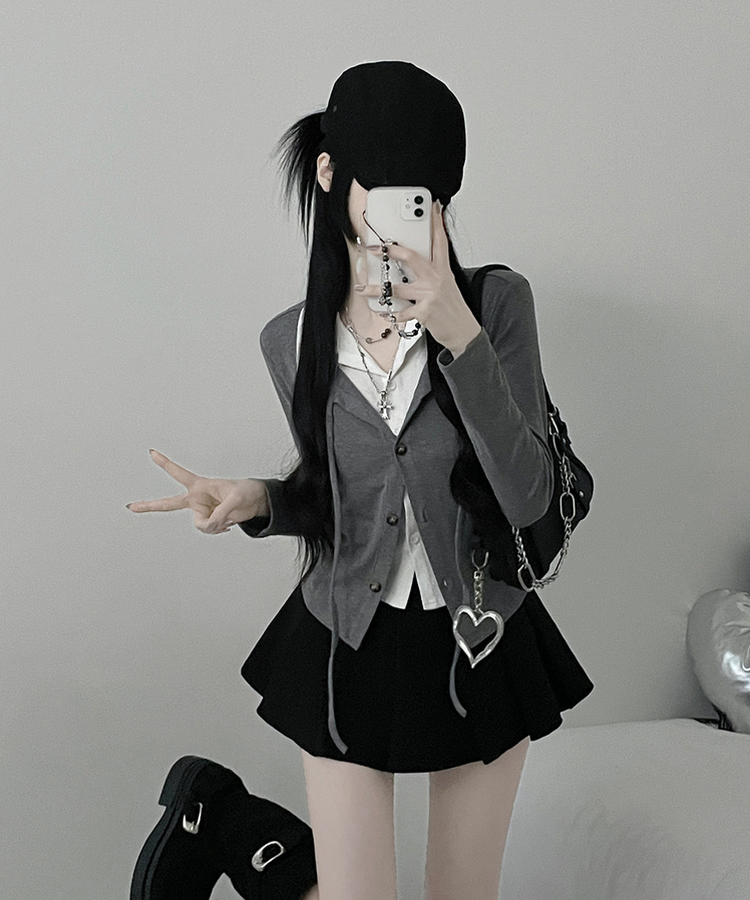 퍼빗카라셔츠레이어드배색리본가디건세트 그레이