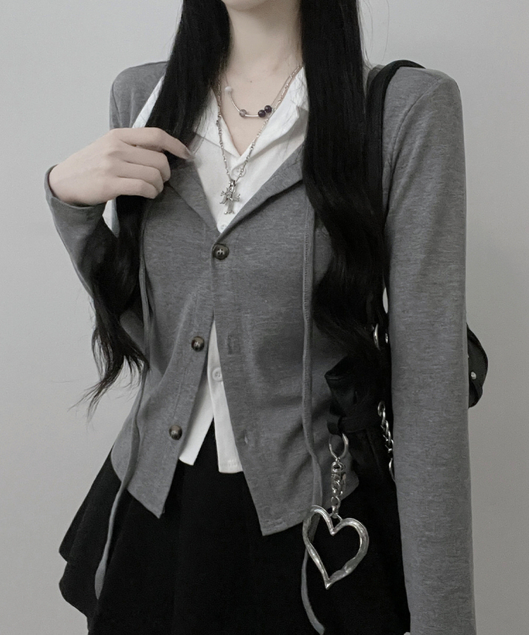 퍼빗카라셔츠레이어드배색리본가디건세트 그레이