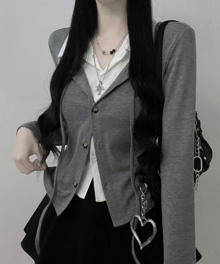 퍼빗카라셔츠레이어드배색리본가디건세트 그레이