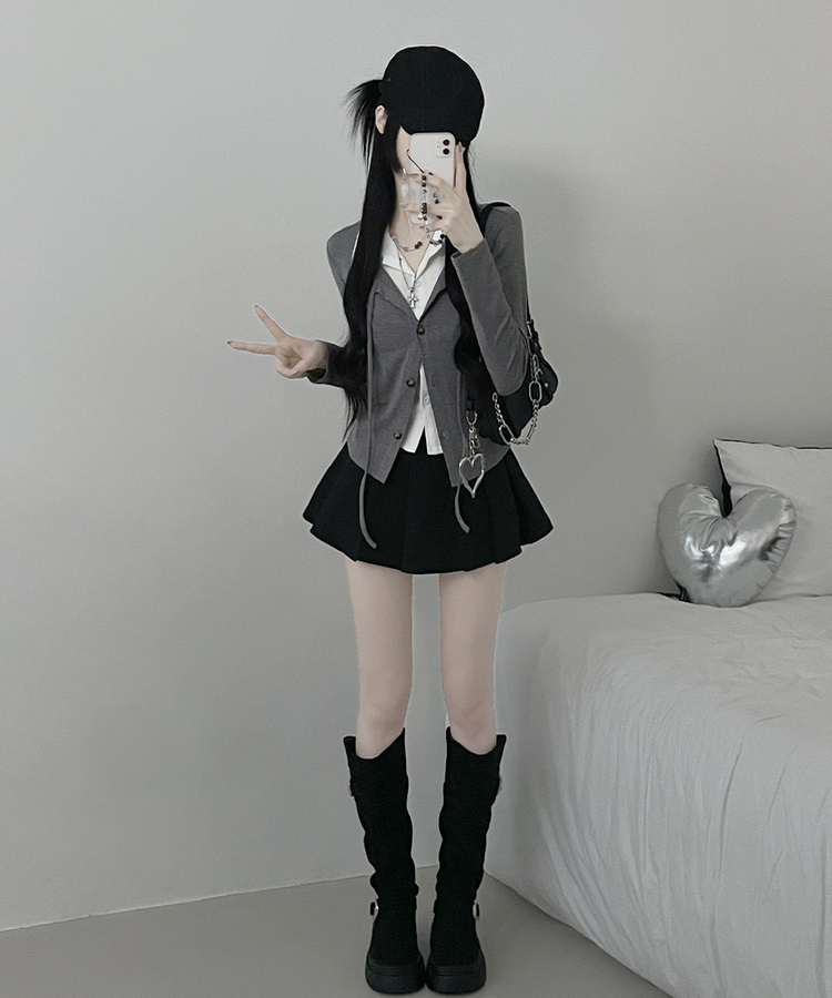 퍼빗카라셔츠레이어드배색리본가디건세트 그레이