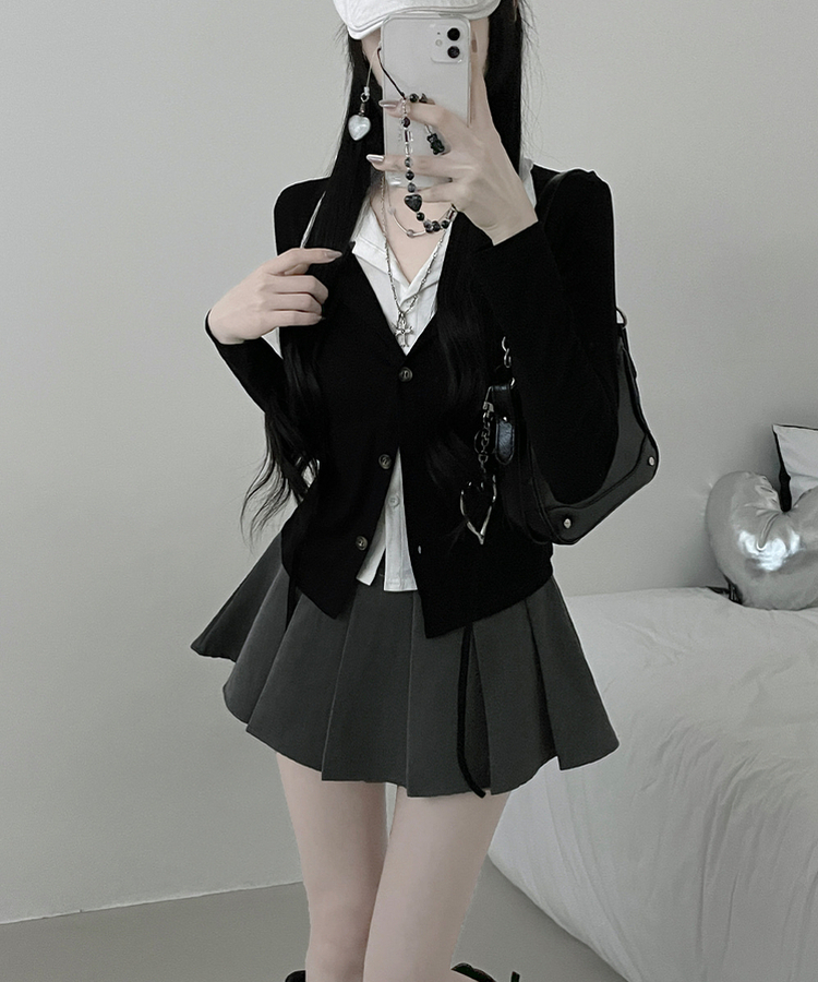 퍼빗카라셔츠레이어드배색리본가디건세트 블랙