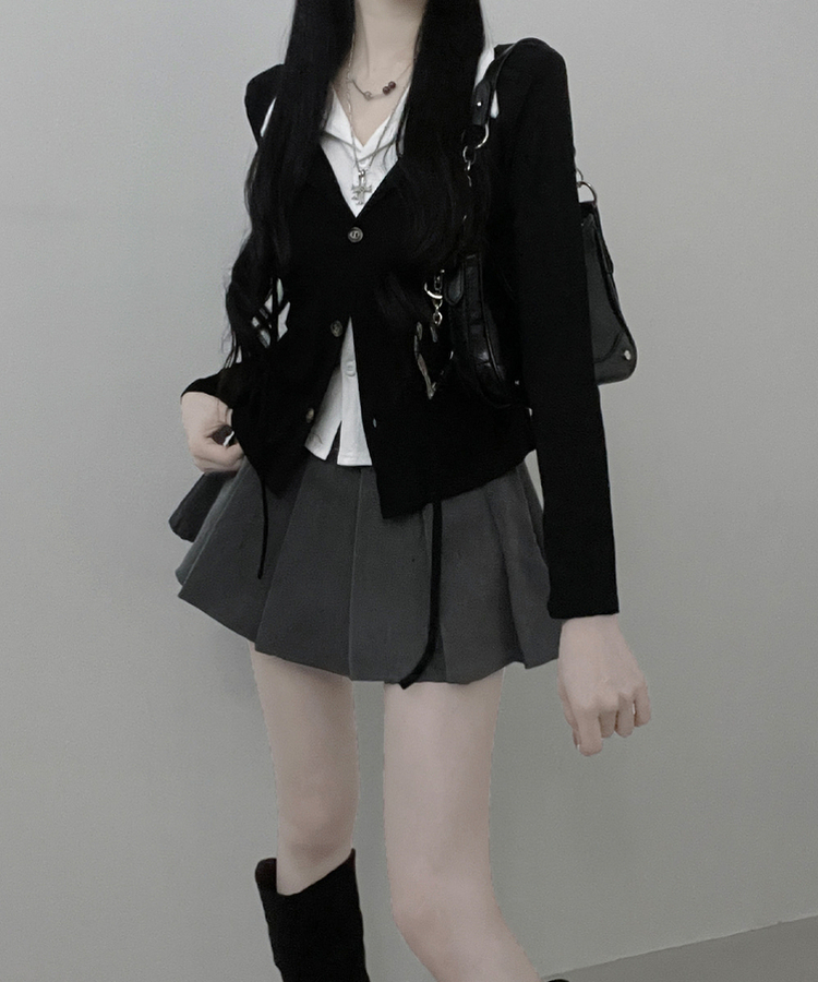 퍼빗카라셔츠레이어드배색리본가디건세트 블랙