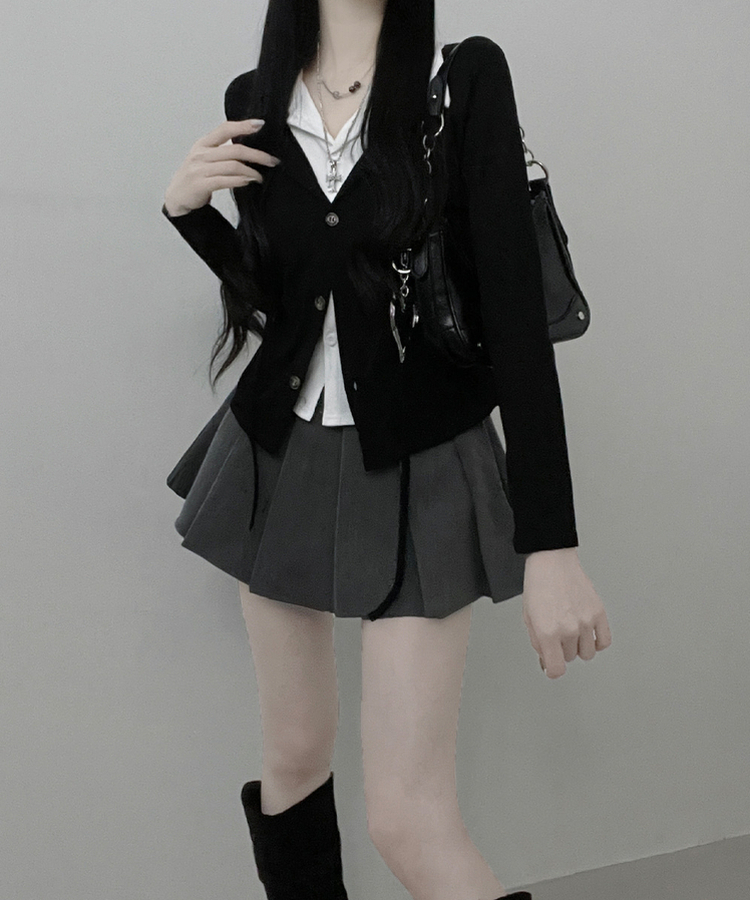 퍼빗카라셔츠레이어드배색리본가디건세트 블랙