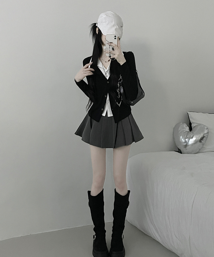 퍼빗카라셔츠레이어드배색리본가디건세트 블랙