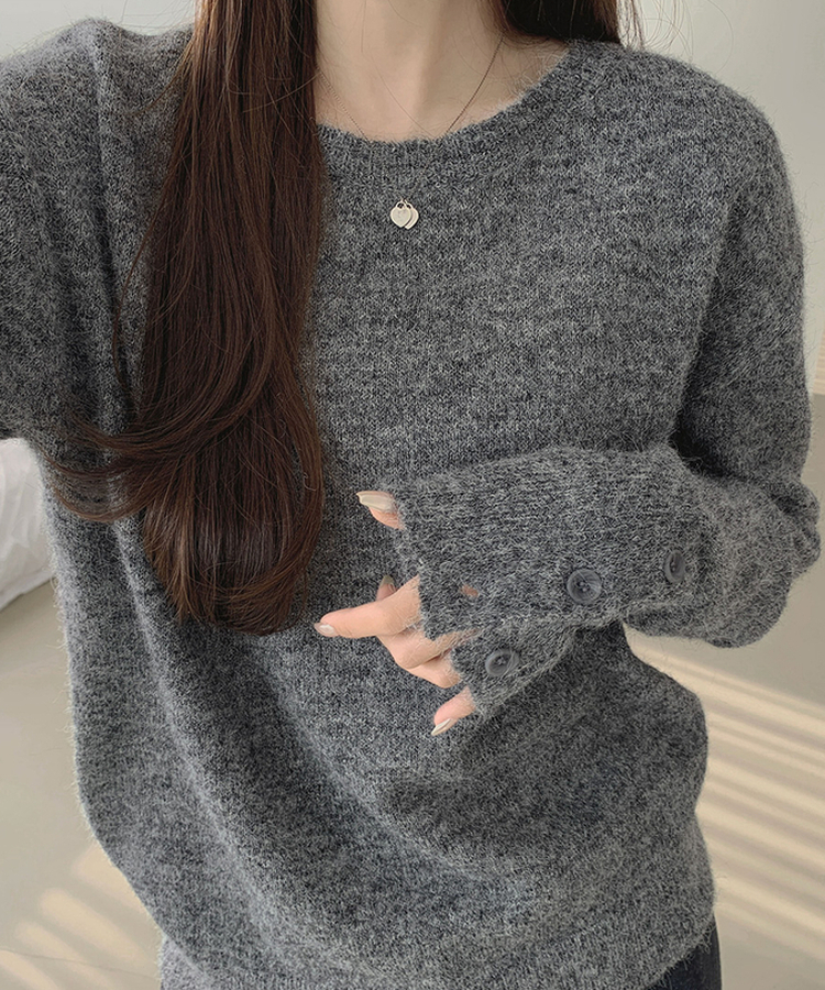 울 워머 버튼 소매 트임 페미닌 긴팔 니트 그레이