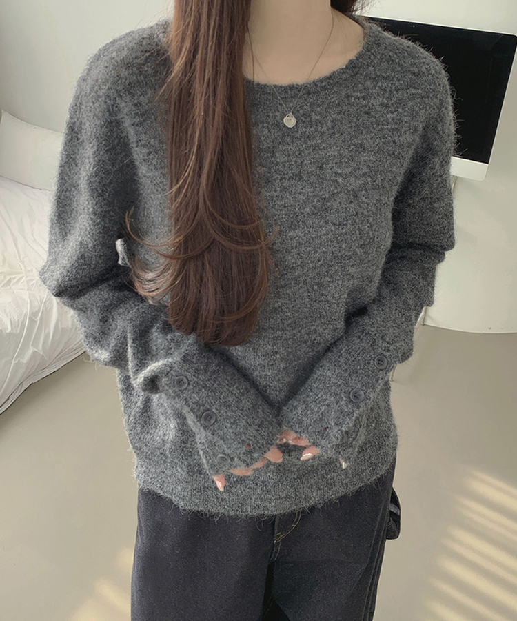 울 워머 버튼 소매 트임 페미닌 긴팔 니트 그레이
