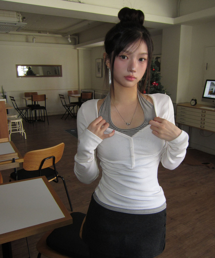 【カップ付き】【起毛】ホールターストライプキャミソール GREY