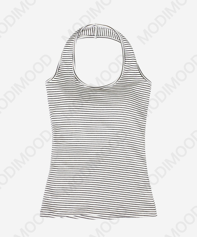 【カップ付き】【起毛】ホールターストライプキャミソール