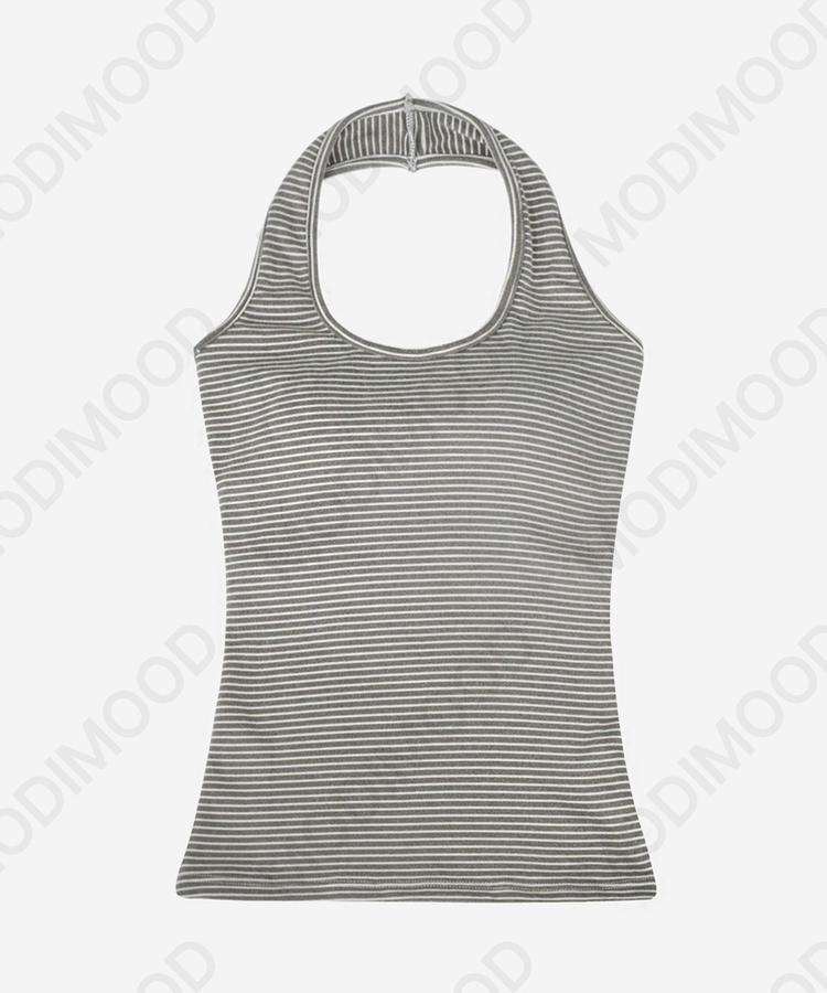 【カップ付き】【起毛】ホールターストライプキャミソール