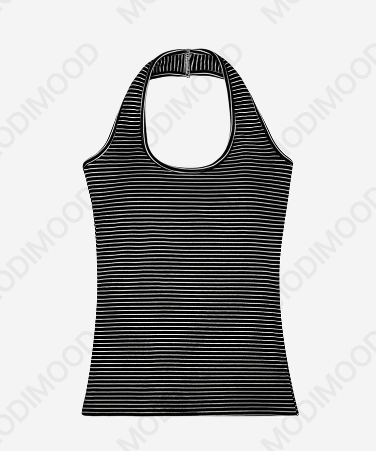 【カップ付き】【起毛】ホールターストライプキャミソール
