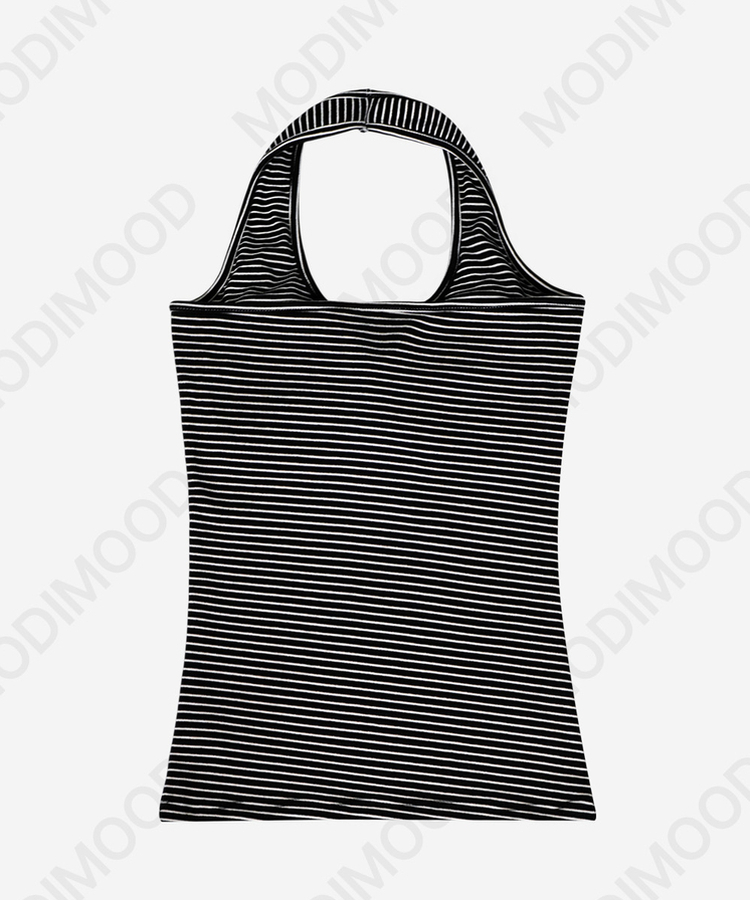 【カップ付き】【起毛】ホールターストライプキャミソール
