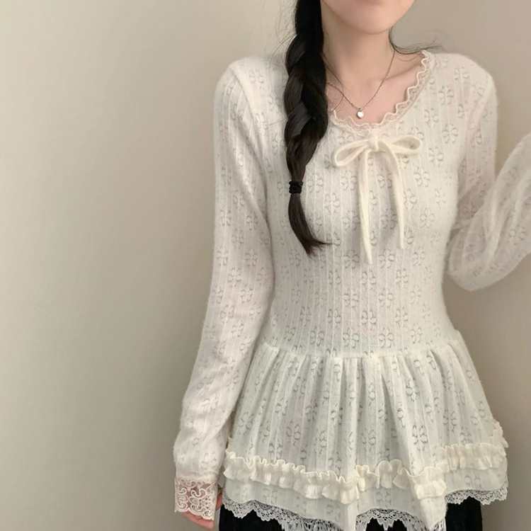 LIZ LISA オフショル長袖ブラウス ホワイト レースフリルリボン 