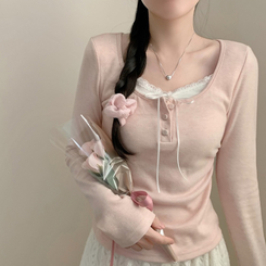 코코 봄 레이어드 레이스 단추 리본 긴팔티 롱슬리브 봄옷 벚꽃 긴팔티 긴팔 봄 걸코어 청순 러블리 핑크