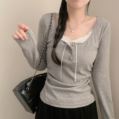 코코 봄 레이어드 레이스 단추 리본 긴팔티 롱슬리브 봄옷 벚꽃 긴팔티 긴팔 봄 걸코어 청순 러블리 그레이