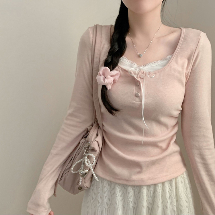 코코 봄 레이어드 레이스 단추 리본 긴팔티 롱슬리브 봄옷 벚꽃 긴팔티 긴팔 봄 걸코어 청순 러블리 핑크