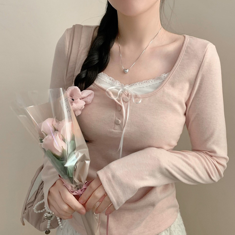 코코 봄 레이어드 레이스 단추 리본 긴팔티 롱슬리브 봄옷 벚꽃 긴팔티 긴팔 봄 걸코어 청순 러블리 핑크