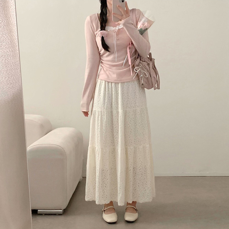 코코 봄 레이어드 레이스 단추 리본 긴팔티 롱슬리브 봄옷 벚꽃 긴팔티 긴팔 봄 걸코어 청순 러블리 핑크