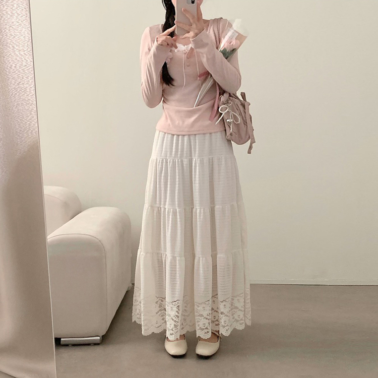 코코 봄 레이어드 레이스 단추 리본 긴팔티 롱슬리브 봄옷 벚꽃 긴팔티 긴팔 봄 걸코어 청순 러블리 핑크