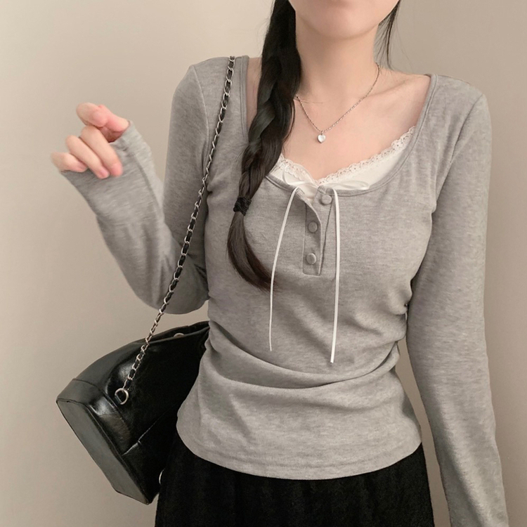 코코 봄 레이어드 레이스 단추 리본 긴팔티 롱슬리브 봄옷 벚꽃 긴팔티 긴팔 봄 걸코어 청순 러블리 그레이