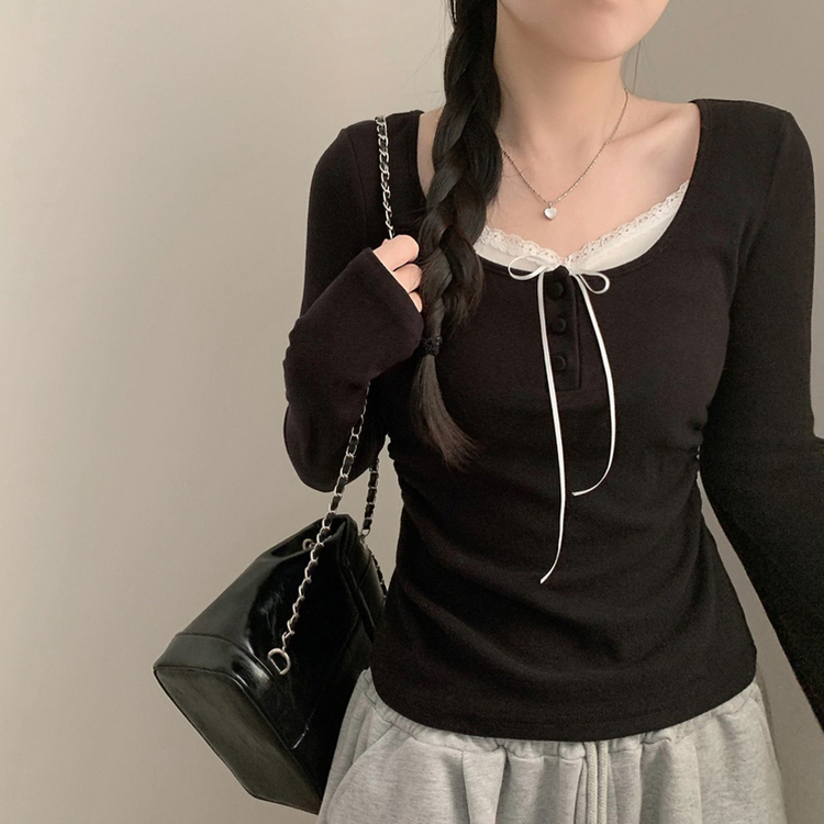 코코 봄 레이어드 레이스 단추 리본 긴팔티 롱슬리브 봄옷 벚꽃 긴팔티 긴팔 봄 걸코어 청순 러블리 블랙