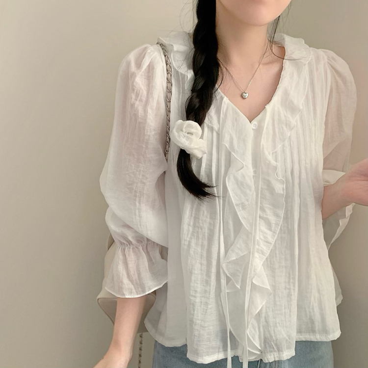 러브 프릴 봄 긴팔 블라우스 벚꽃 봄 봄옷 봄블라우스 하객룩 화이트