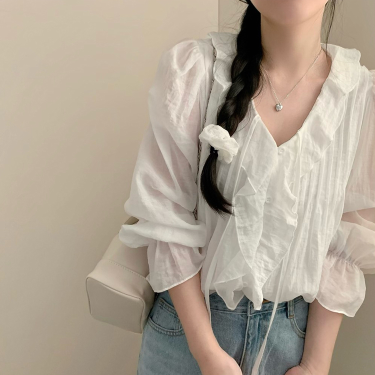 러브 프릴 봄 긴팔 블라우스 벚꽃 봄 봄옷 봄블라우스 하객룩 화이트