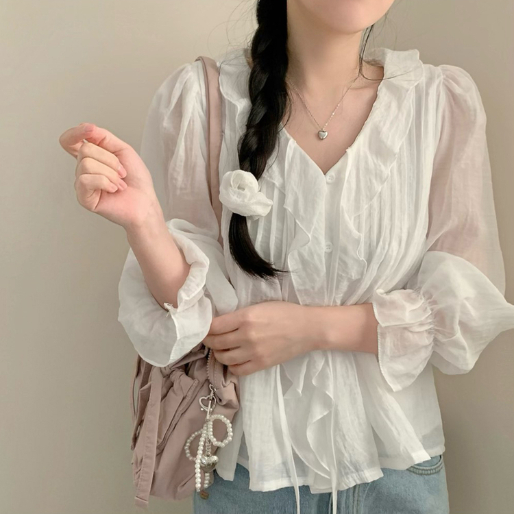 러브 프릴 봄 긴팔 블라우스 벚꽃 봄 봄옷 봄블라우스 하객룩 화이트